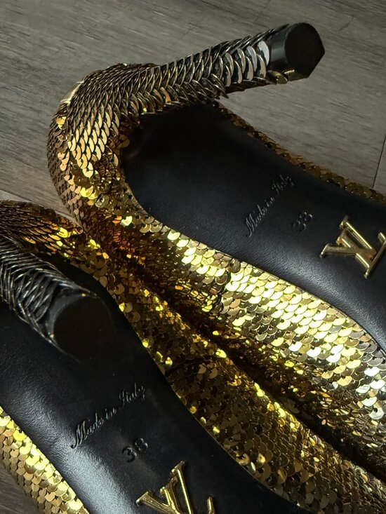 One of these hot Christian Louboutin Louis Vuitton | Gold and Silver Sequin High Heels | Size 38 | Dust Bag & Box
